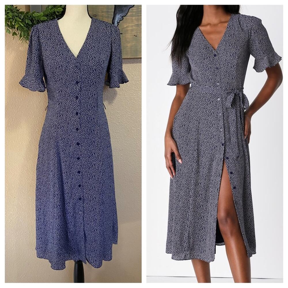 Lulus Flirty Frolic Navy Blue Print Button-Up Midi Dress